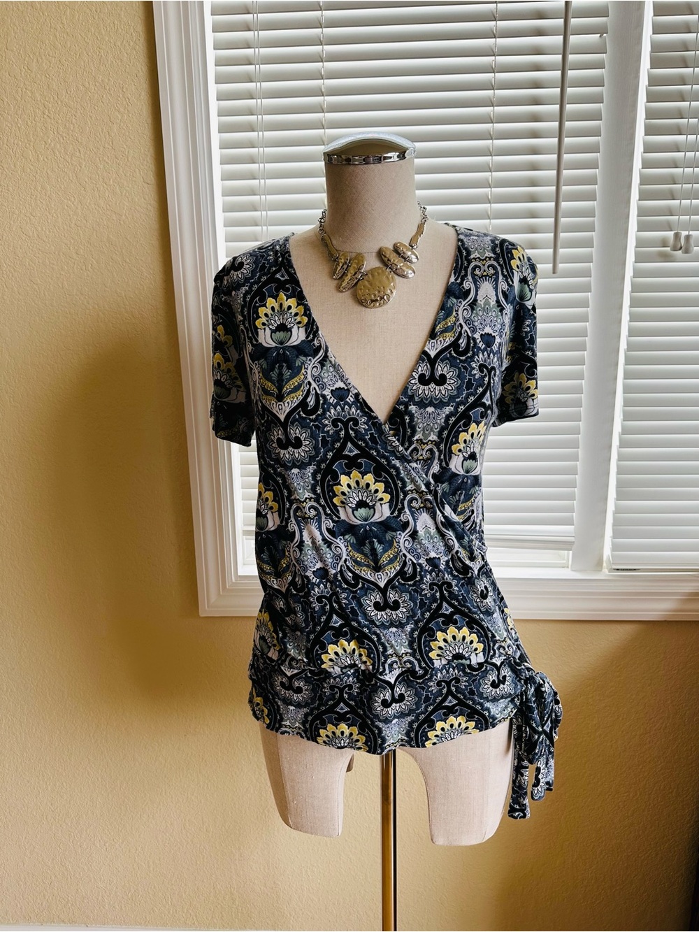 LOFT Floral Faux Wrap Blouse with Yellow Accents